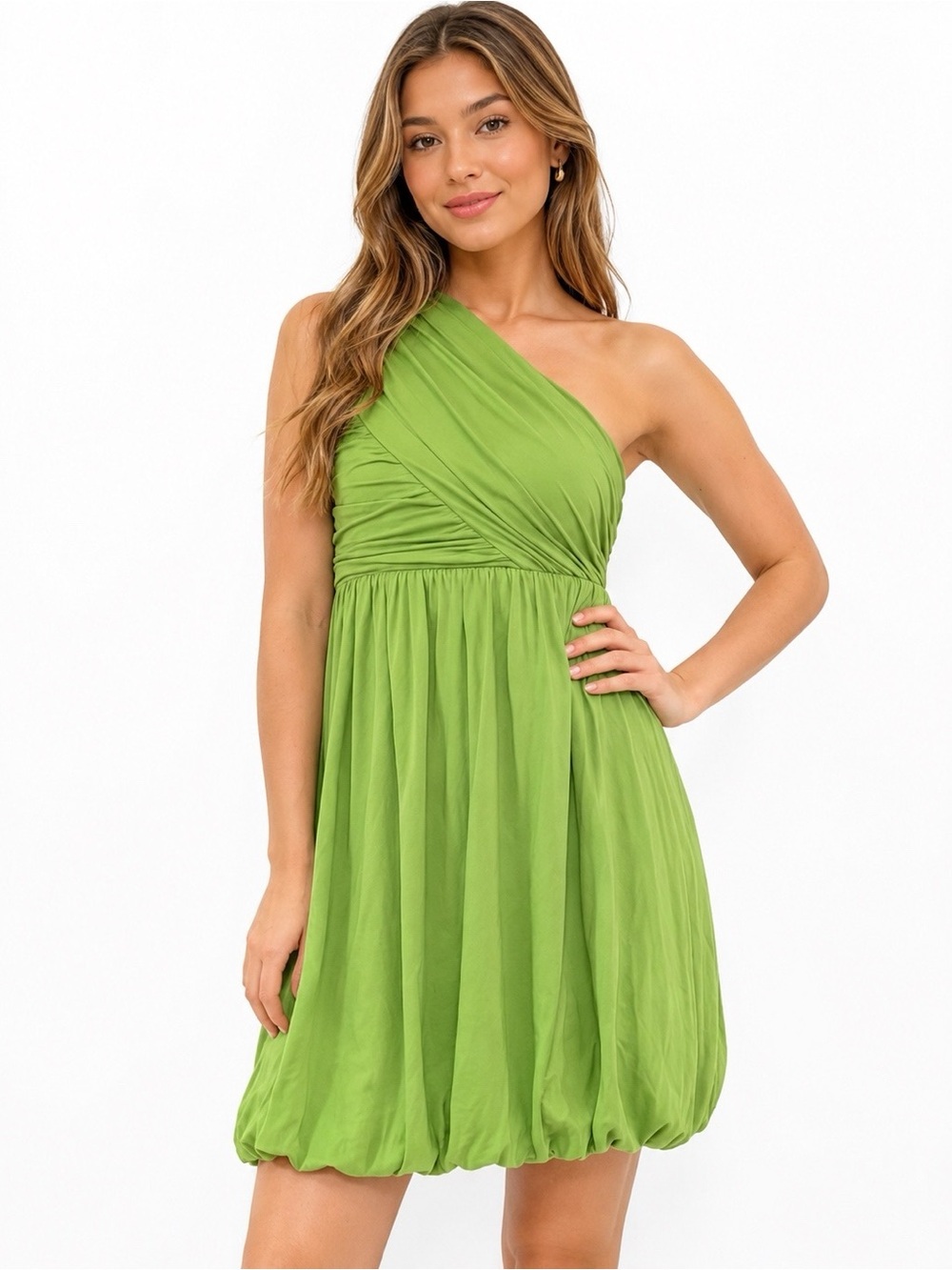 Alice + Olivia One Shoulder Lime Green Chartreuse Bubble Hem Cocktail Dress